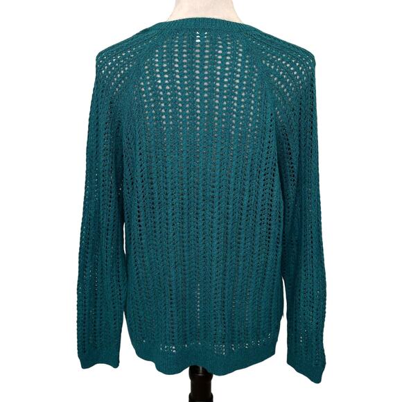 J Jill Sweater Womens Small Green Open Knit Stretch Raglan Sleeves Pullover - Picture 2 of 11